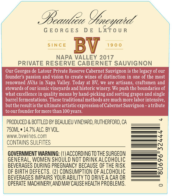 2017 Beaulieu Vineyard Napa Valley Georges de Latour Cabernet Sauvignon Back Label